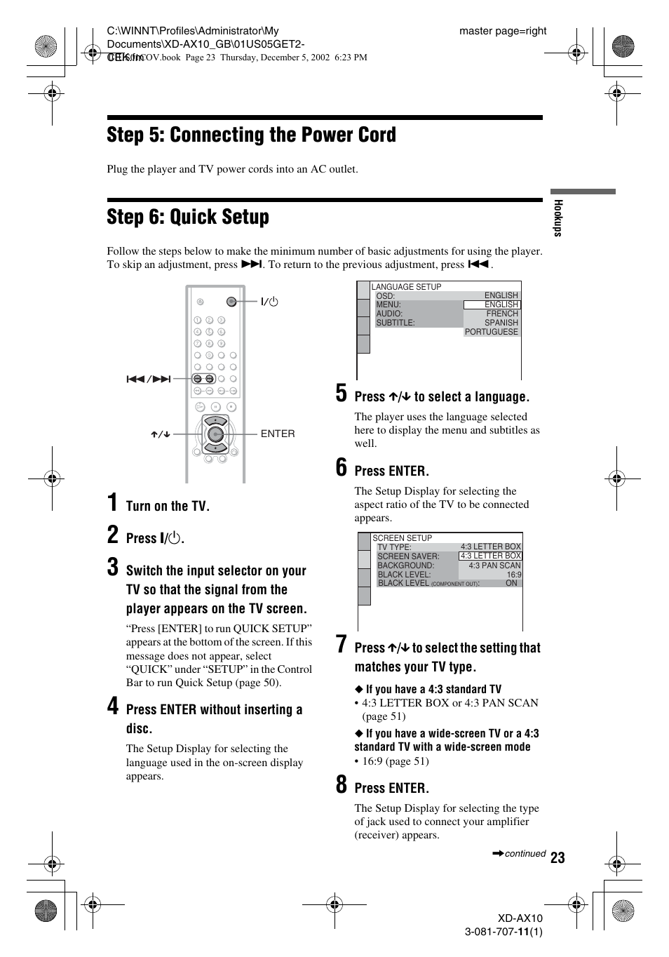 Step 5: connecting the power cord, Step 6: quick setup | Aiwa XD-AX10 User Manual | Page 23 / 64
