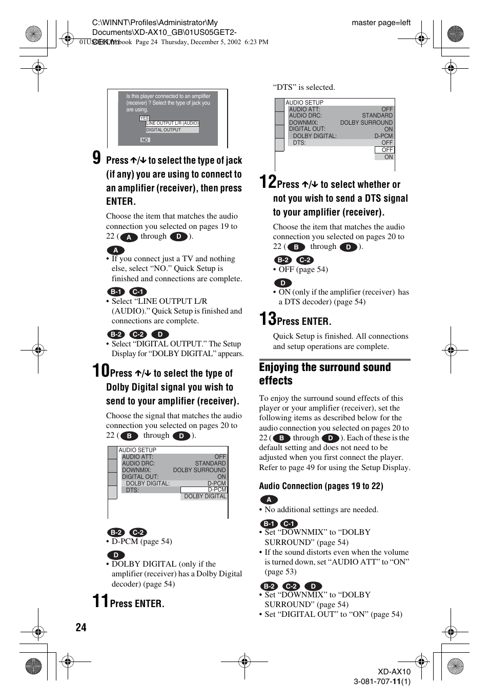 Enjoying the surround sound effects, Press enter | Aiwa XD-AX10 User Manual | Page 24 / 64
