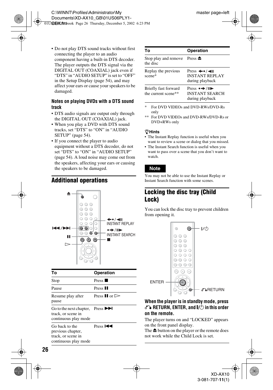 Additional operations, Locking the disc tray (child lock) | Aiwa XD-AX10 User Manual | Page 26 / 64