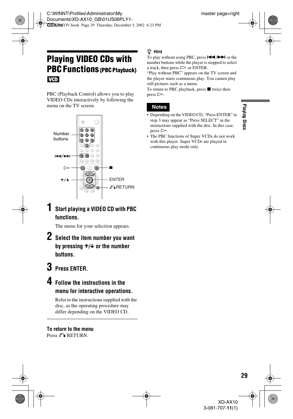 Playing video cds with pbc functions | Aiwa XD-AX10 User Manual | Page 29 / 64