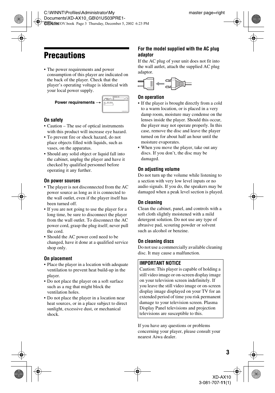 Precautions | Aiwa XD-AX10 User Manual | Page 3 / 64