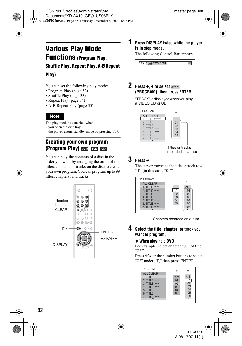 Various play mode functions, Creating your own program (program play) | Aiwa XD-AX10 User Manual | Page 32 / 64