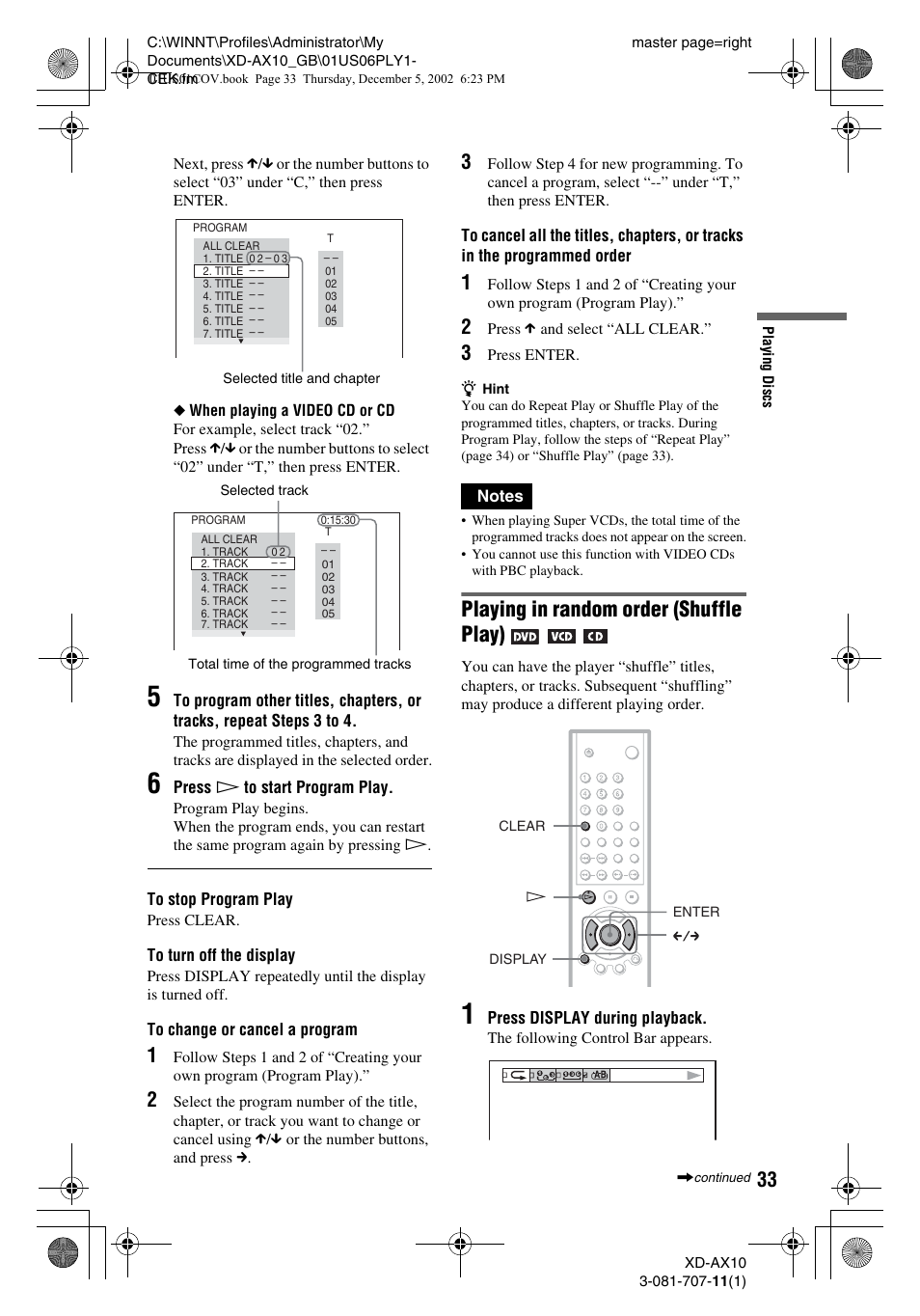 Playing in random order (shuffle play) | Aiwa XD-AX10 User Manual | Page 33 / 64