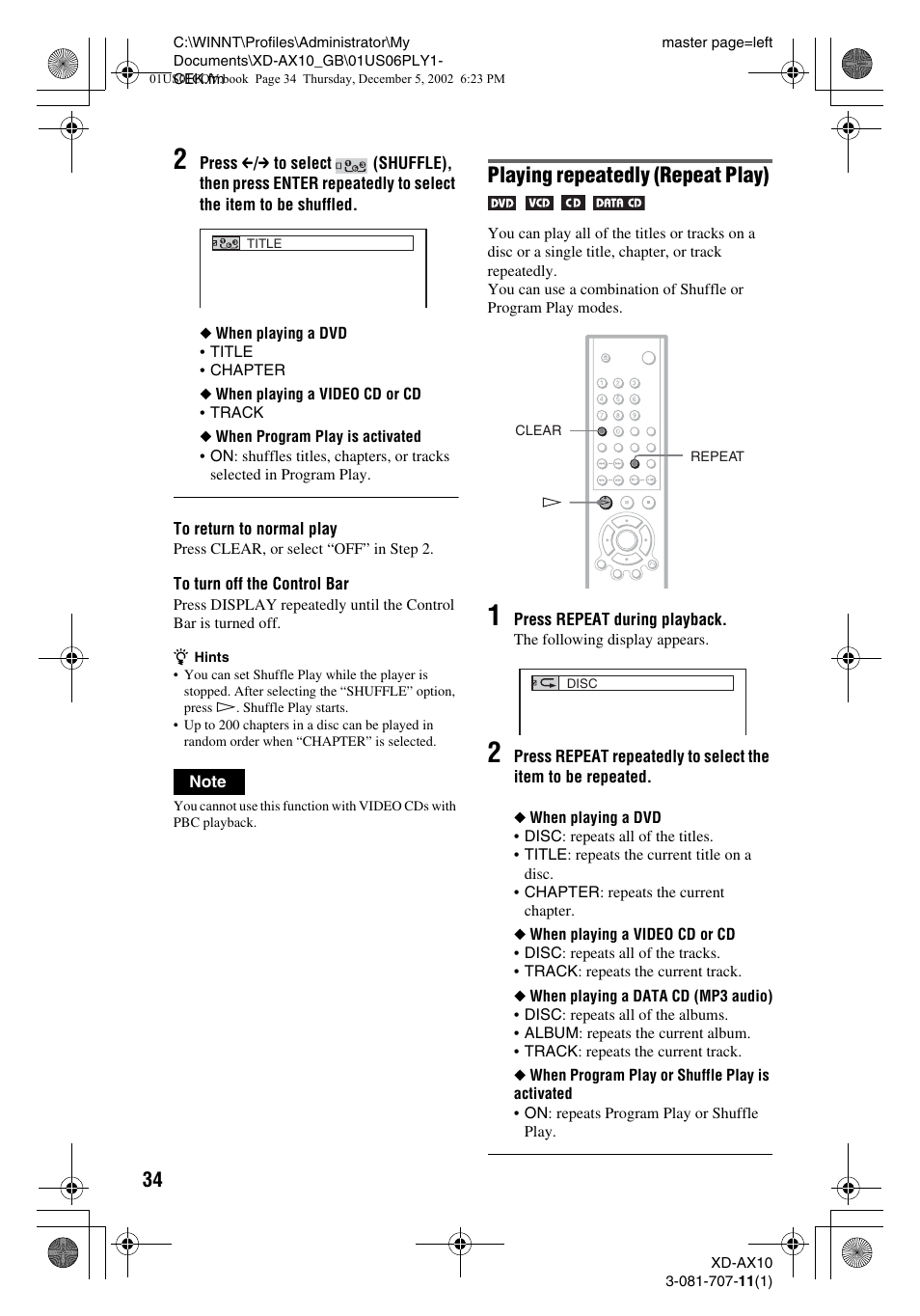 Playing repeatedly (repeat play) | Aiwa XD-AX10 User Manual | Page 34 / 64