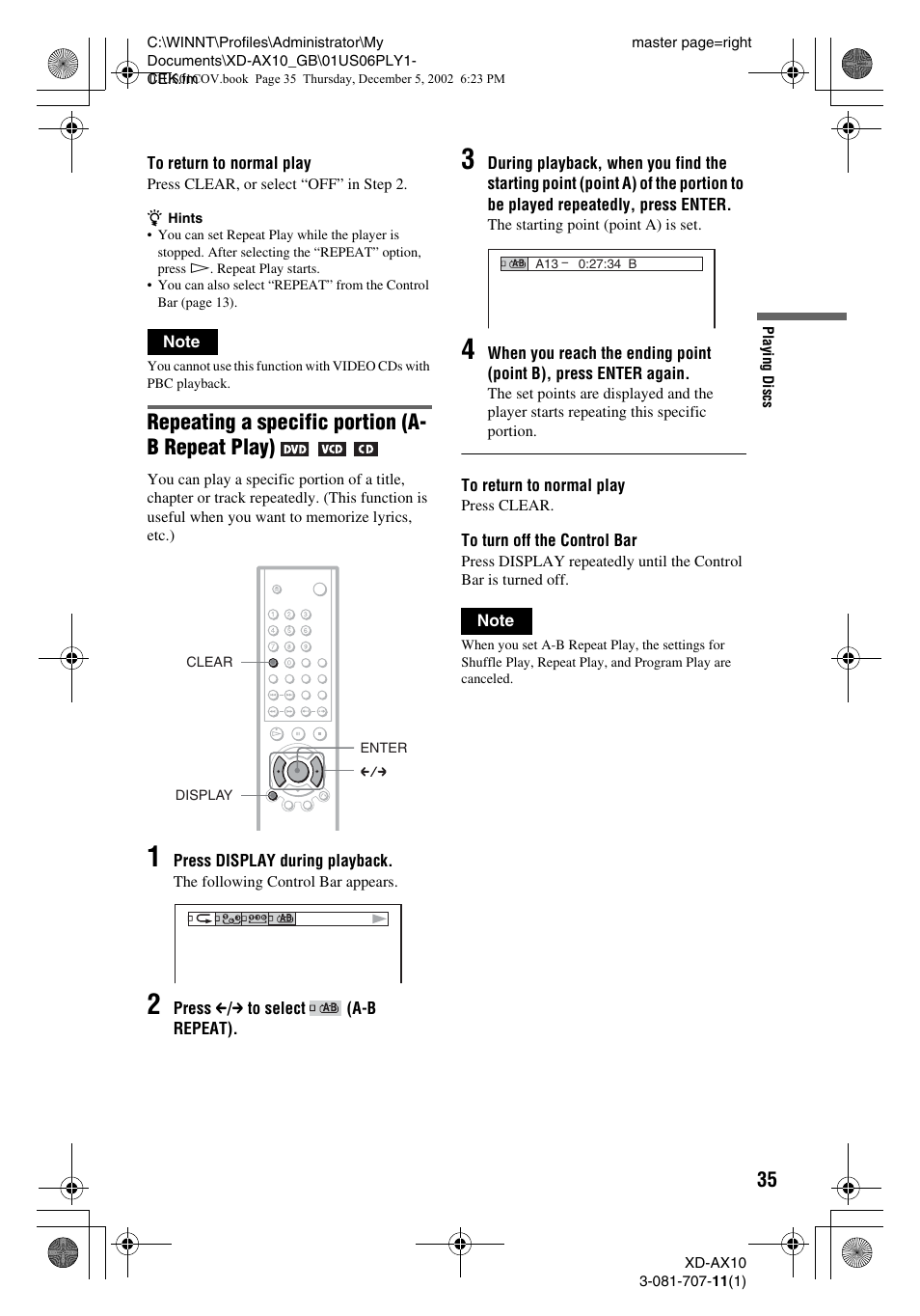 Repeating a specific portion (a- b repeat play) | Aiwa XD-AX10 User Manual | Page 35 / 64