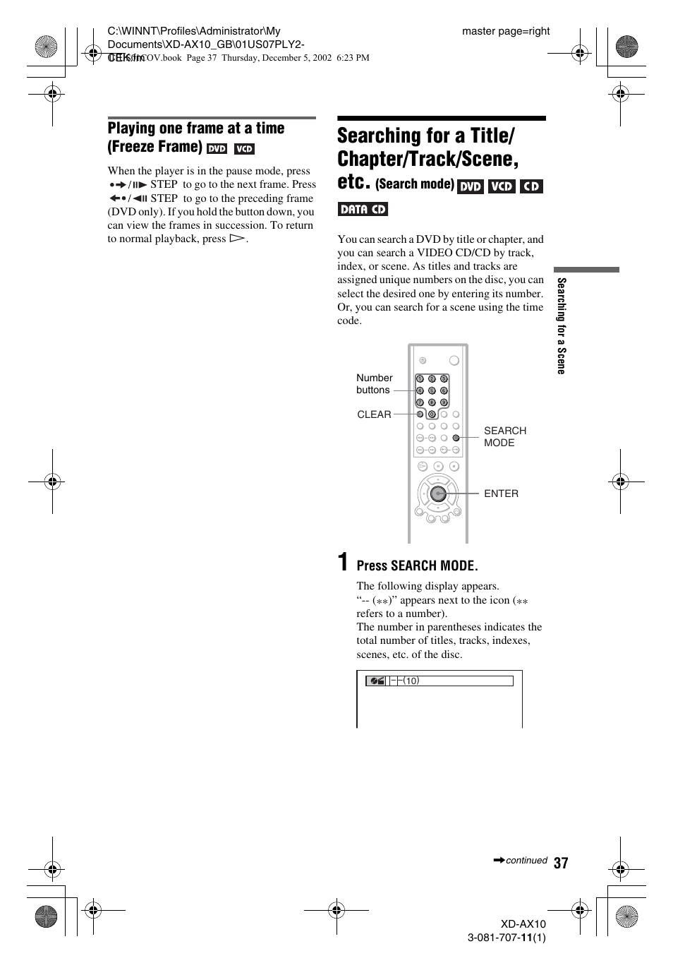 Searching for a title/ chapter/track/scene, etc, Playing one frame at a time (freeze frame) | Aiwa XD-AX10 User Manual | Page 37 / 64