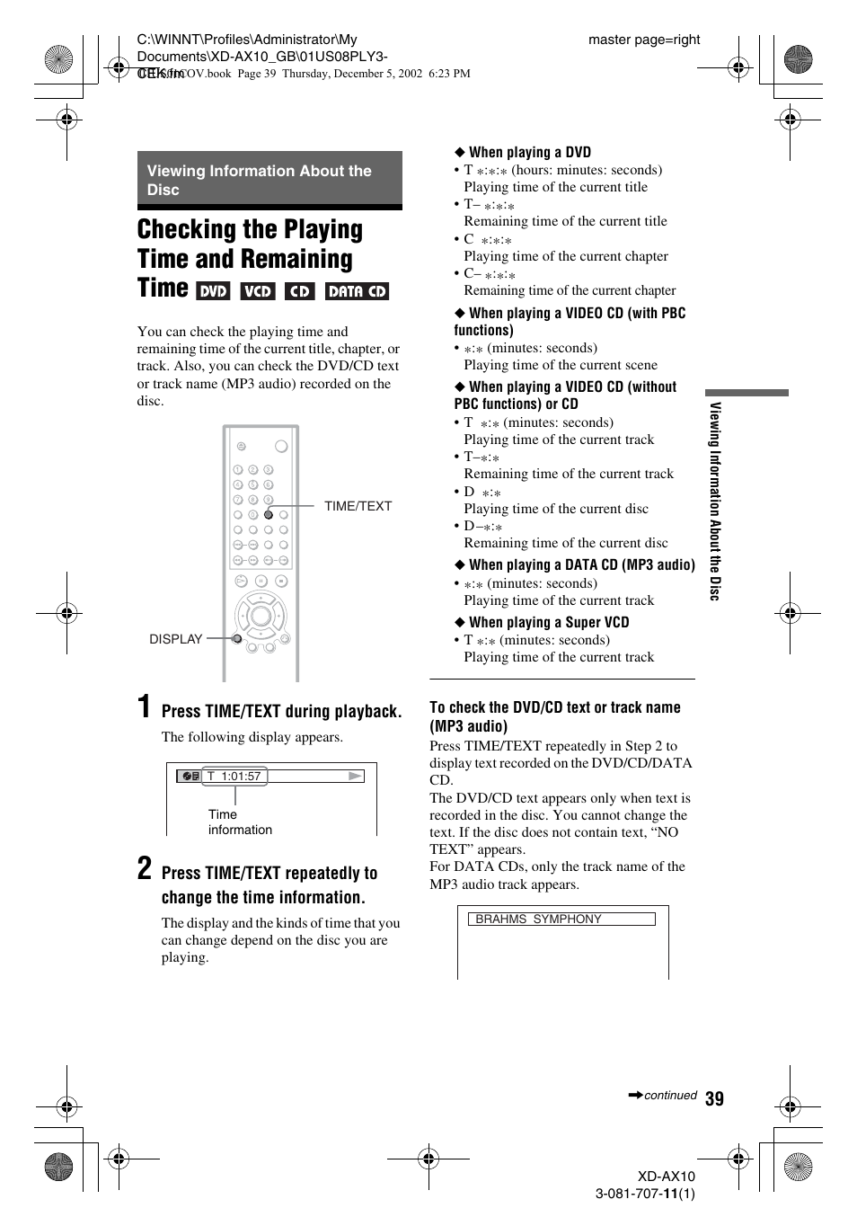 Checking the playing time and remaining time | Aiwa XD-AX10 User Manual | Page 39 / 64
