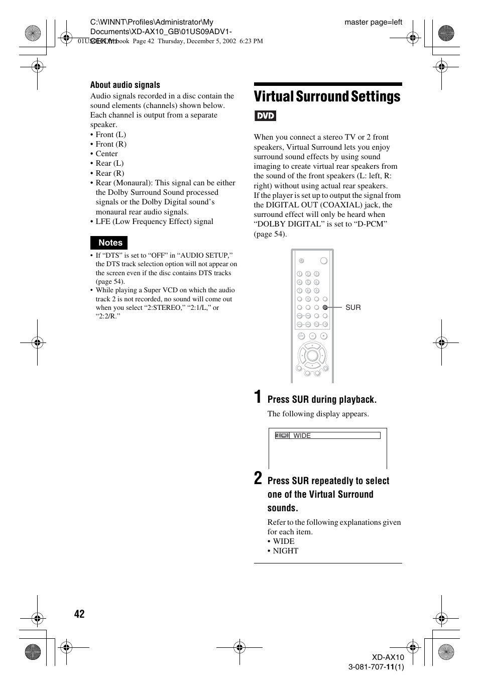 Virtual surround settings | Aiwa XD-AX10 User Manual | Page 42 / 64