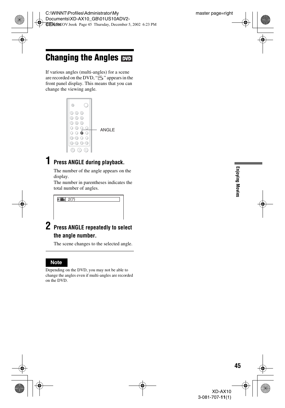 Changing the angles | Aiwa XD-AX10 User Manual | Page 45 / 64