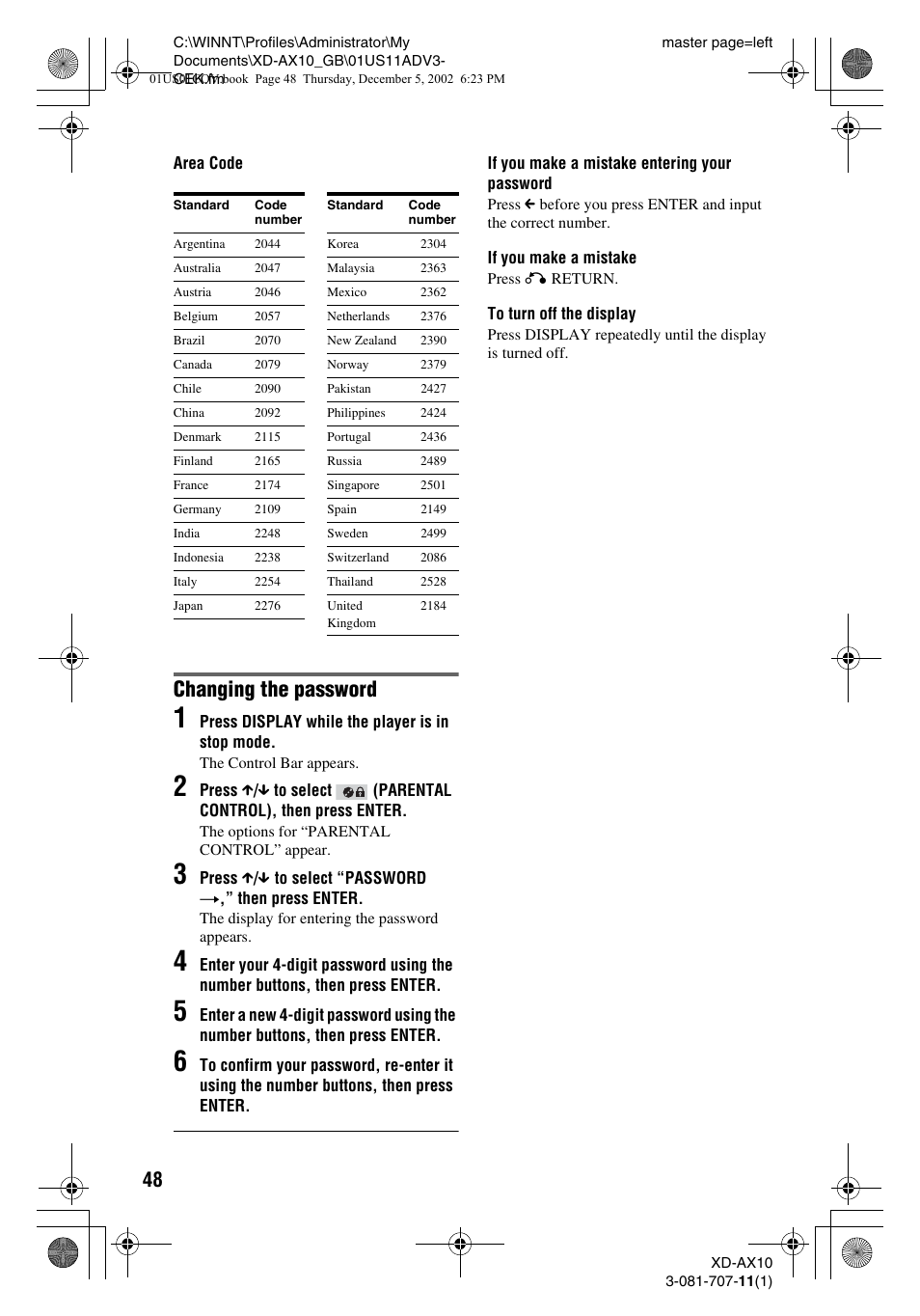 Changing the password | Aiwa XD-AX10 User Manual | Page 48 / 64