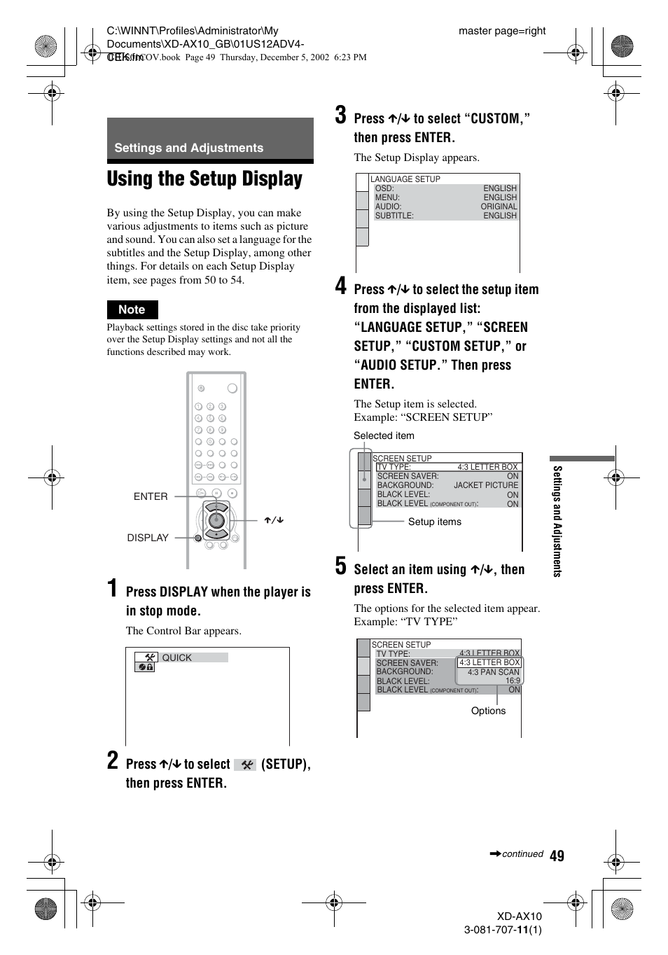 Using the setup display | Aiwa XD-AX10 User Manual | Page 49 / 64