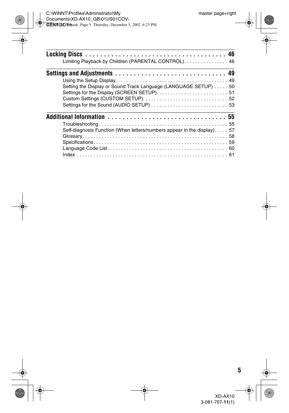 5locking discs, Settings and adjustments, Additional information | Aiwa XD-AX10 User Manual | Page 5 / 64