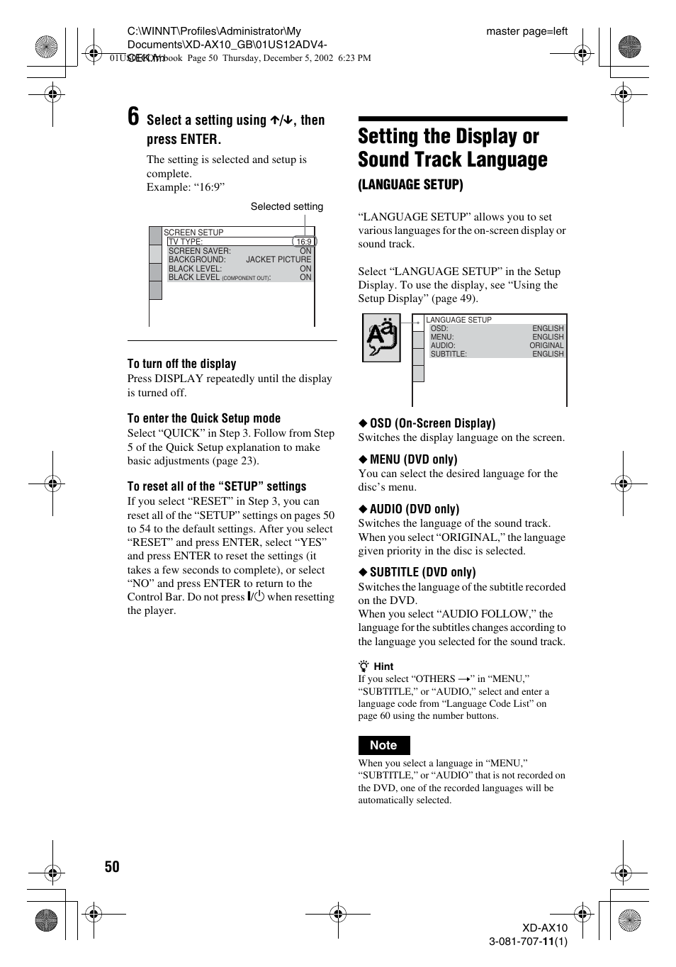 Setting the display or sound track language, Select a setting using x / x , then press enter, Language setup) | Aiwa XD-AX10 User Manual | Page 50 / 64
