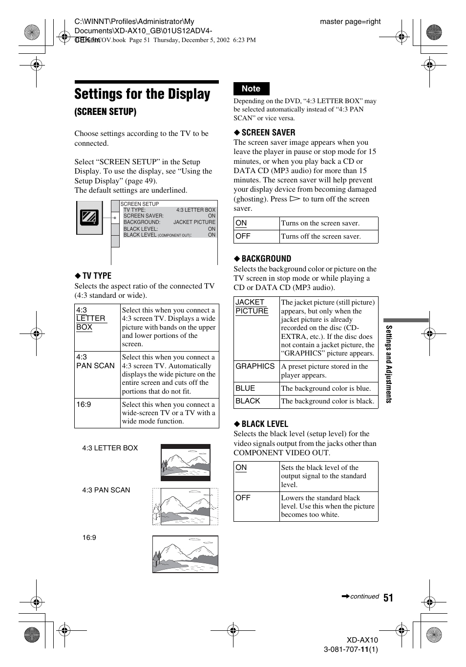 Settings for the display, Screen setup) | Aiwa XD-AX10 User Manual | Page 51 / 64