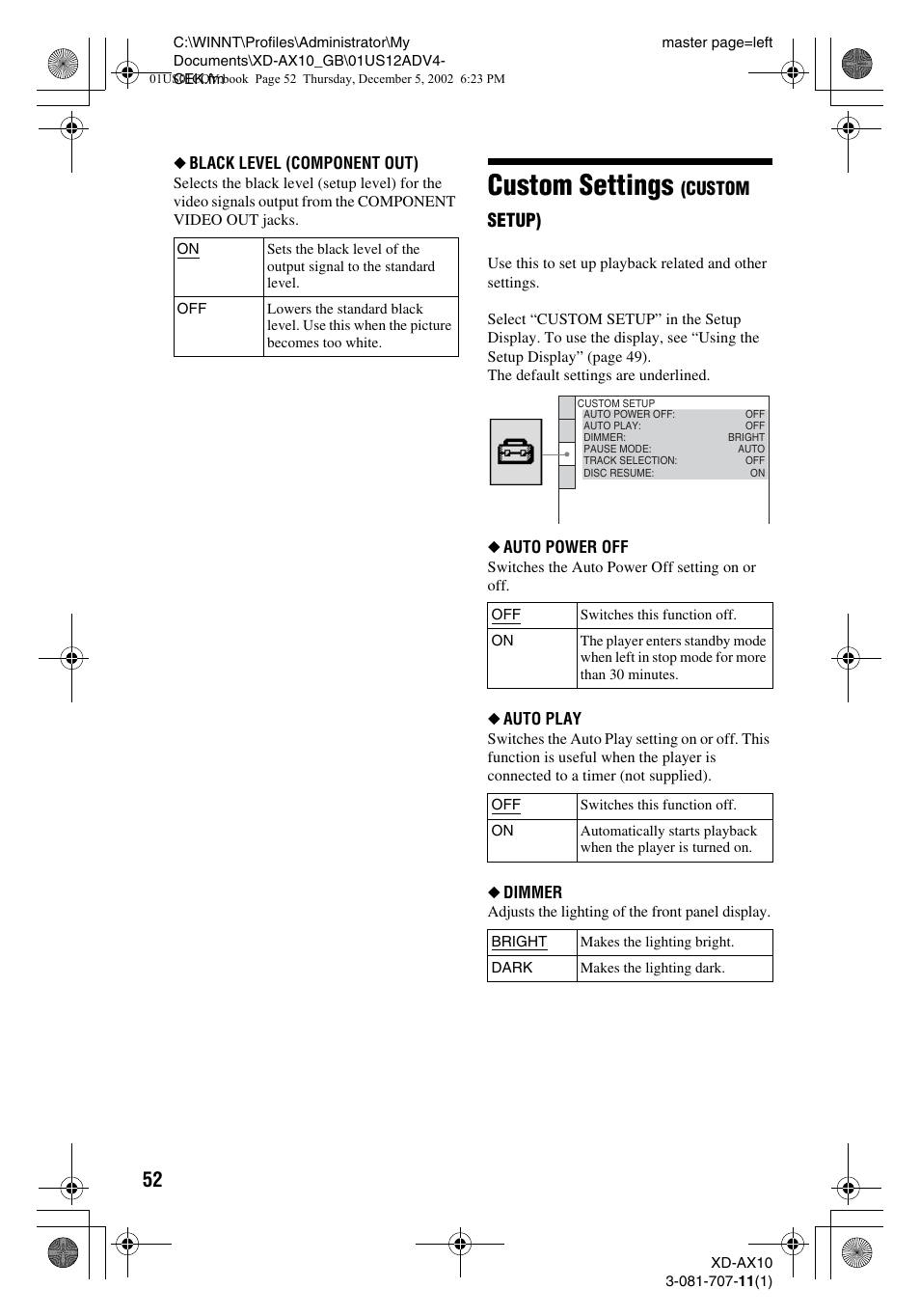 Custom settings, Custom setup) | Aiwa XD-AX10 User Manual | Page 52 / 64