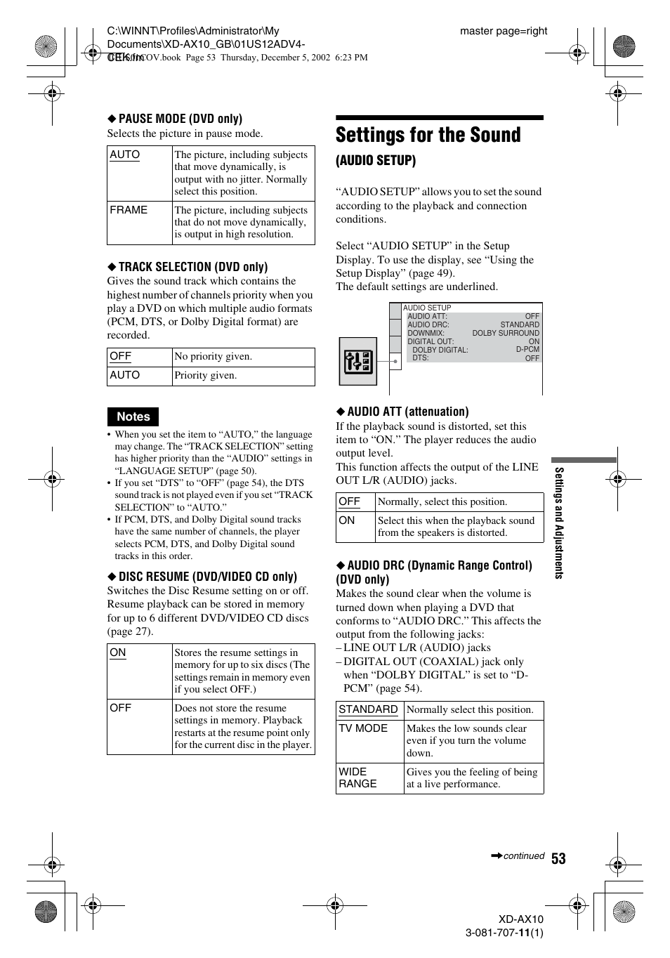 Settings for the sound, Audio setup) | Aiwa XD-AX10 User Manual | Page 53 / 64