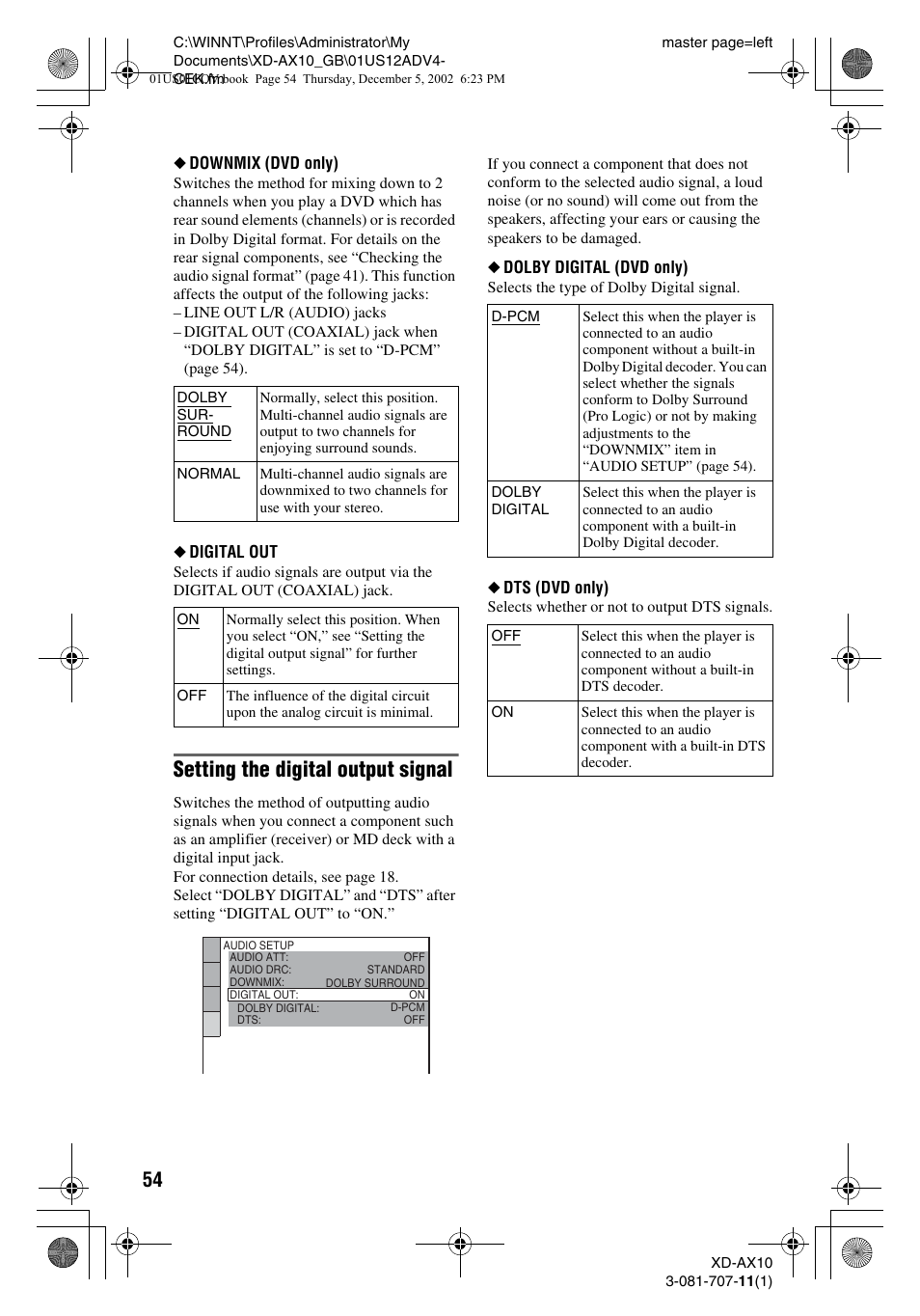 Setting the digital output signal | Aiwa XD-AX10 User Manual | Page 54 / 64
