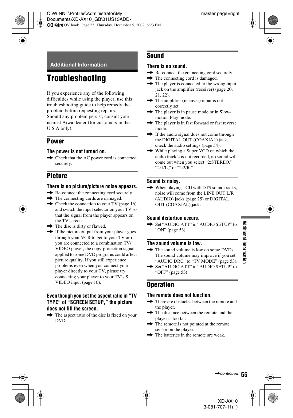 Troubleshooting, Power, Picture | Sound, Operation | Aiwa XD-AX10 User Manual | Page 55 / 64