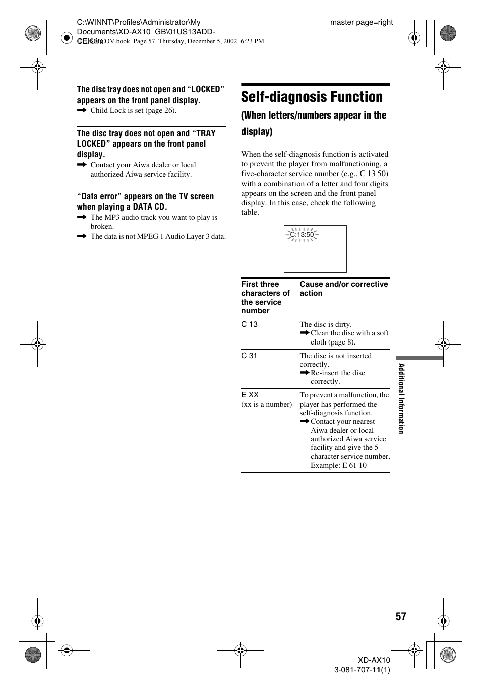 Self-diagnosis function | Aiwa XD-AX10 User Manual | Page 57 / 64