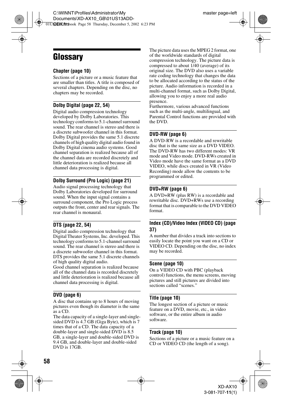 Glossary | Aiwa XD-AX10 User Manual | Page 58 / 64