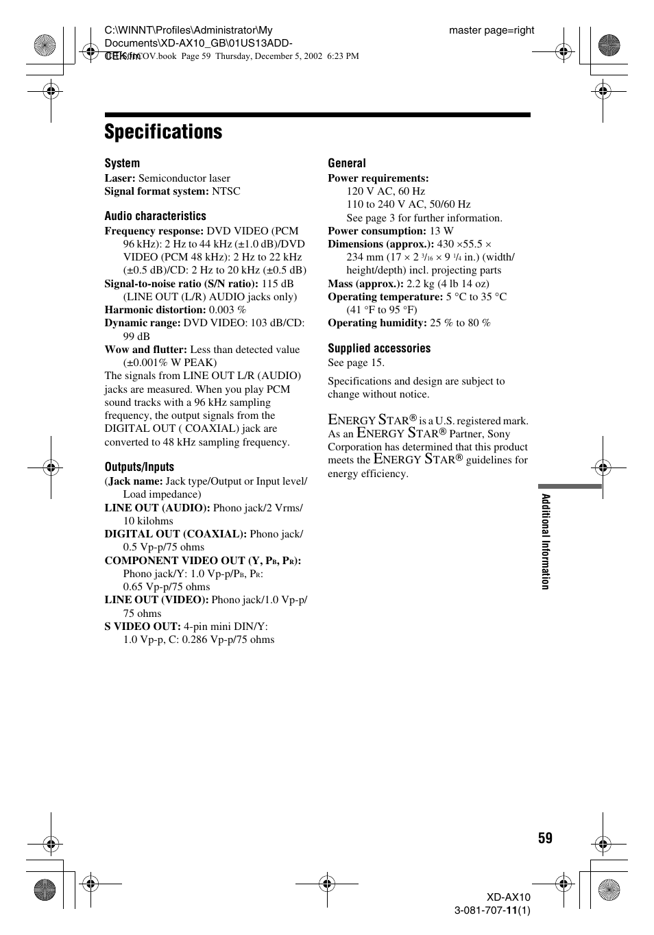 Specifications | Aiwa XD-AX10 User Manual | Page 59 / 64