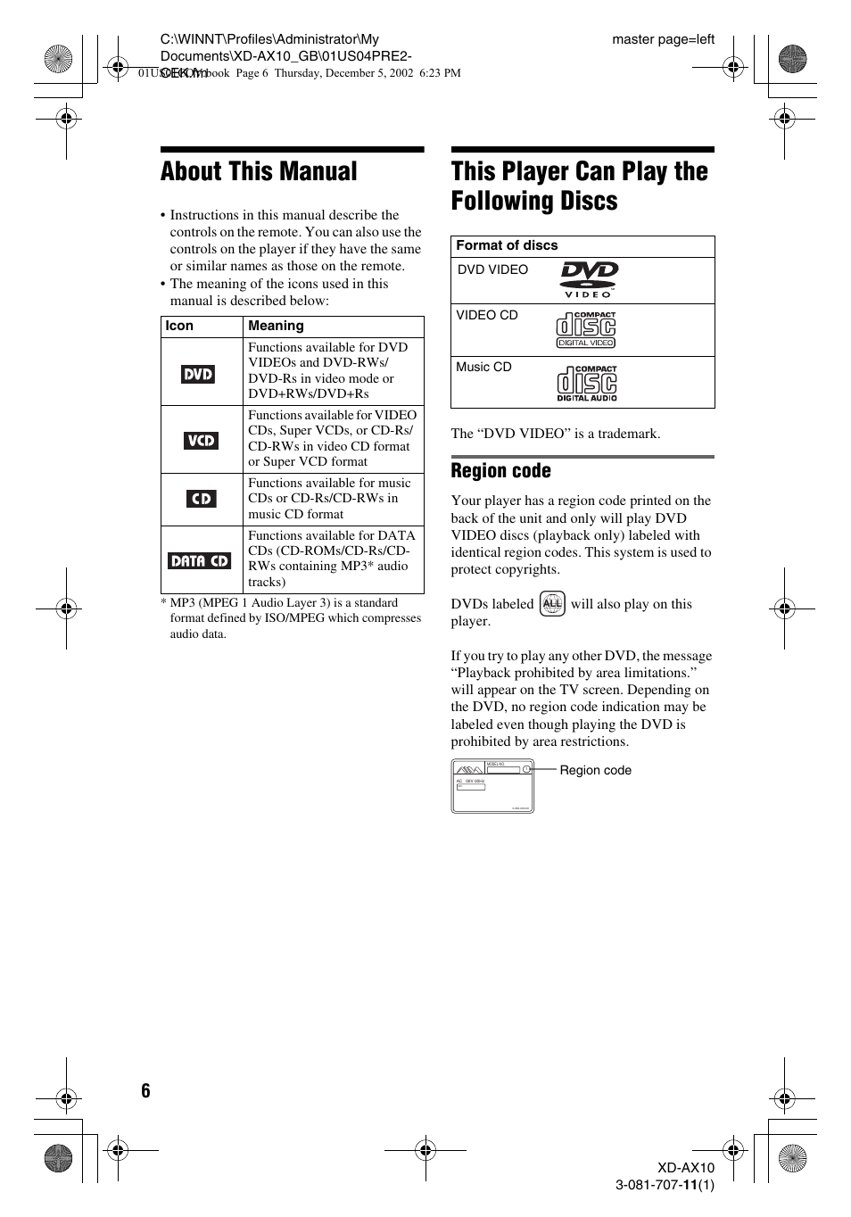 About this manual, This player can play the following discs, Region code | Aiwa XD-AX10 User Manual | Page 6 / 64