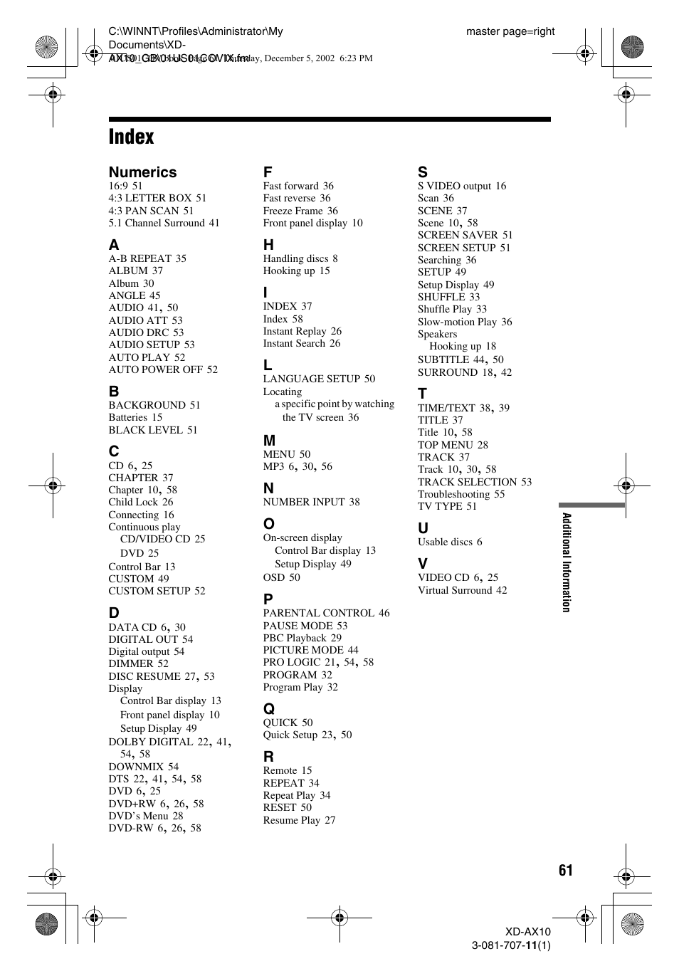 Index | Aiwa XD-AX10 User Manual | Page 61 / 64