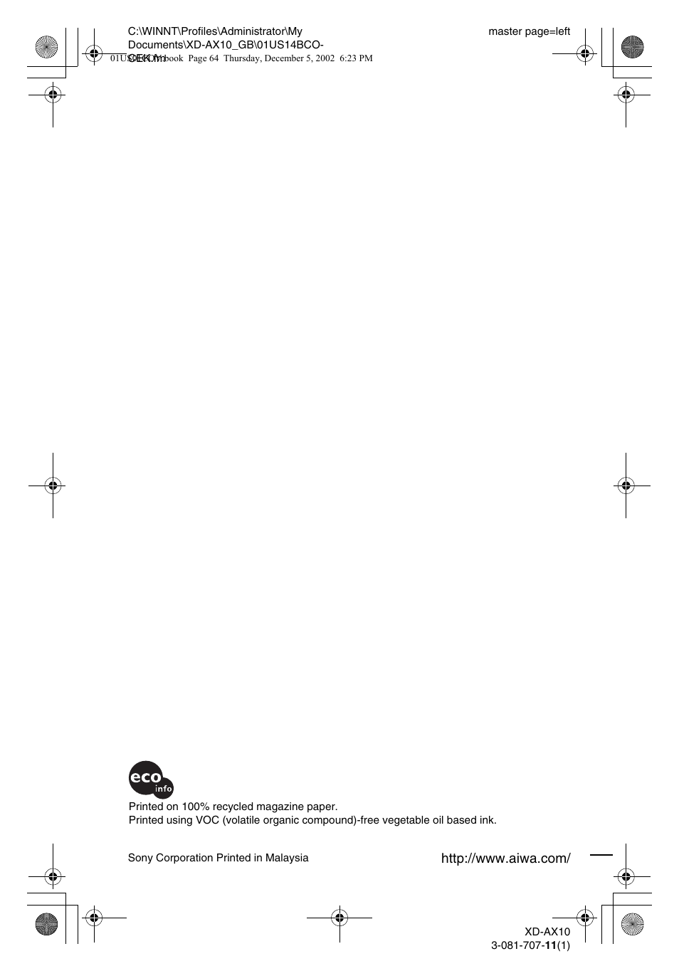 Aiwa XD-AX10 User Manual | Page 64 / 64