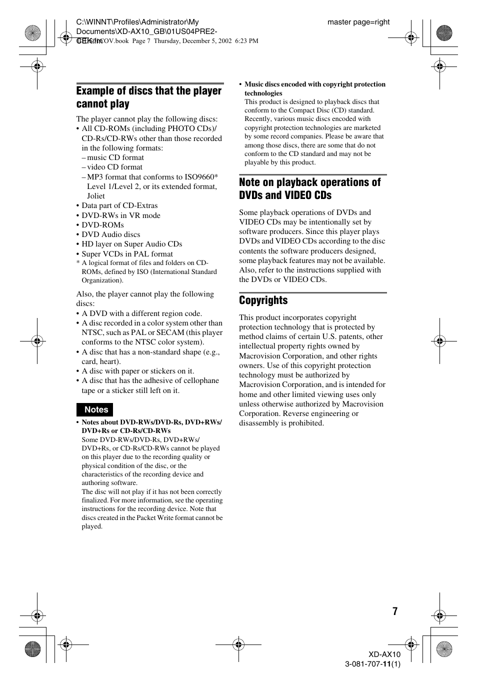 Example of discs that the player cannot play, Copyrights | Aiwa XD-AX10 User Manual | Page 7 / 64
