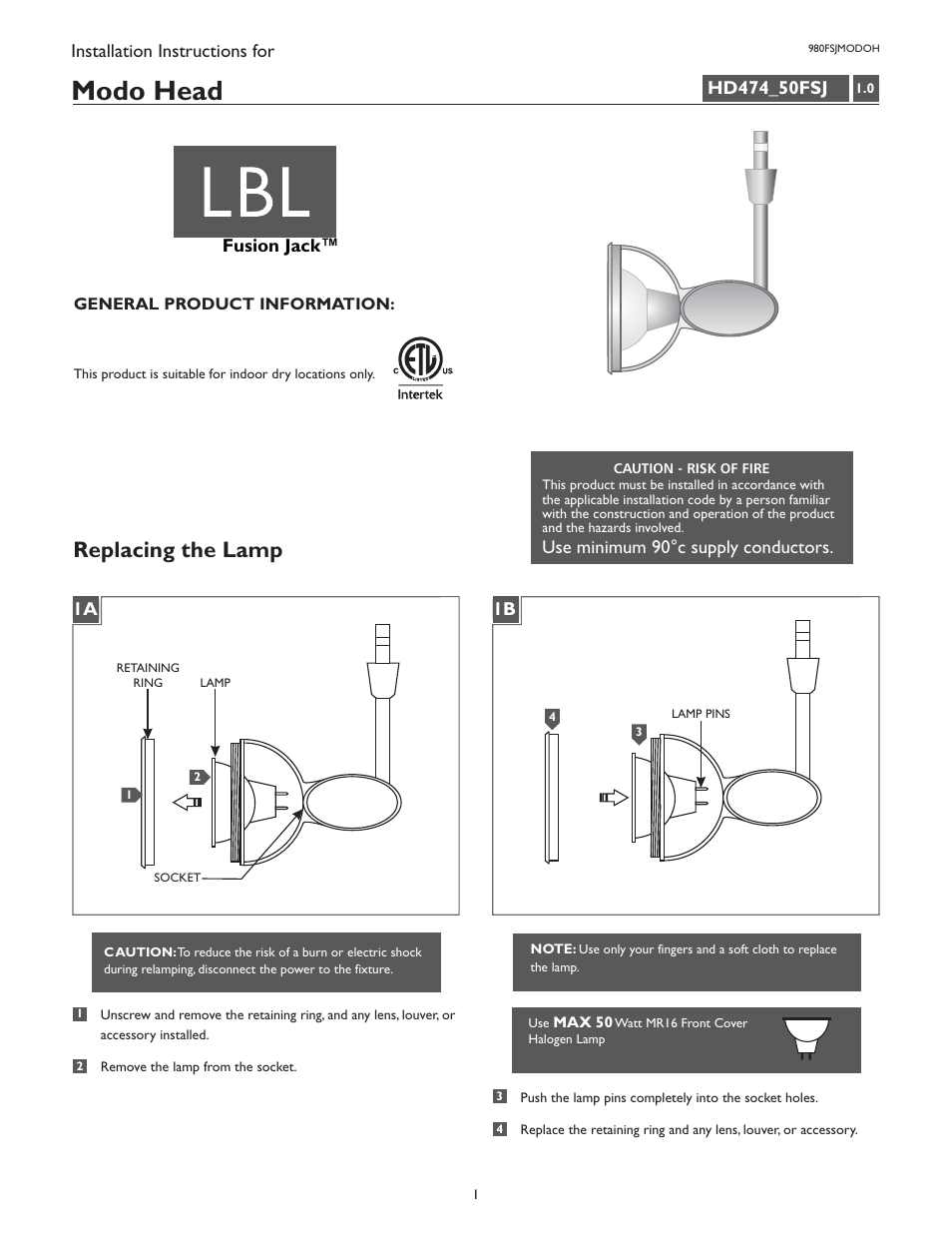 LBL Lighting Modo User Manual | 2 pages