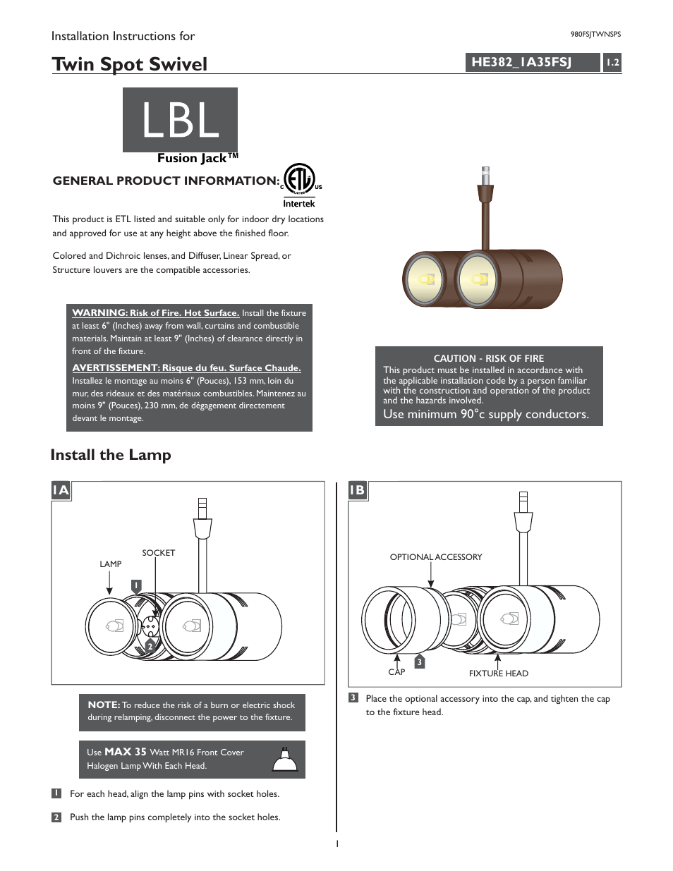 LBL Lighting Twin Spot Swivel User Manual | 2 pages