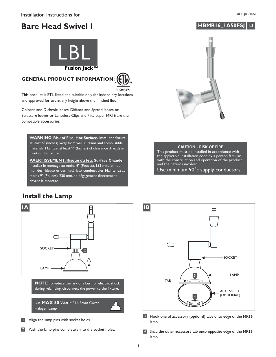 LBL Lighting Bare Swivel I User Manual | 2 pages