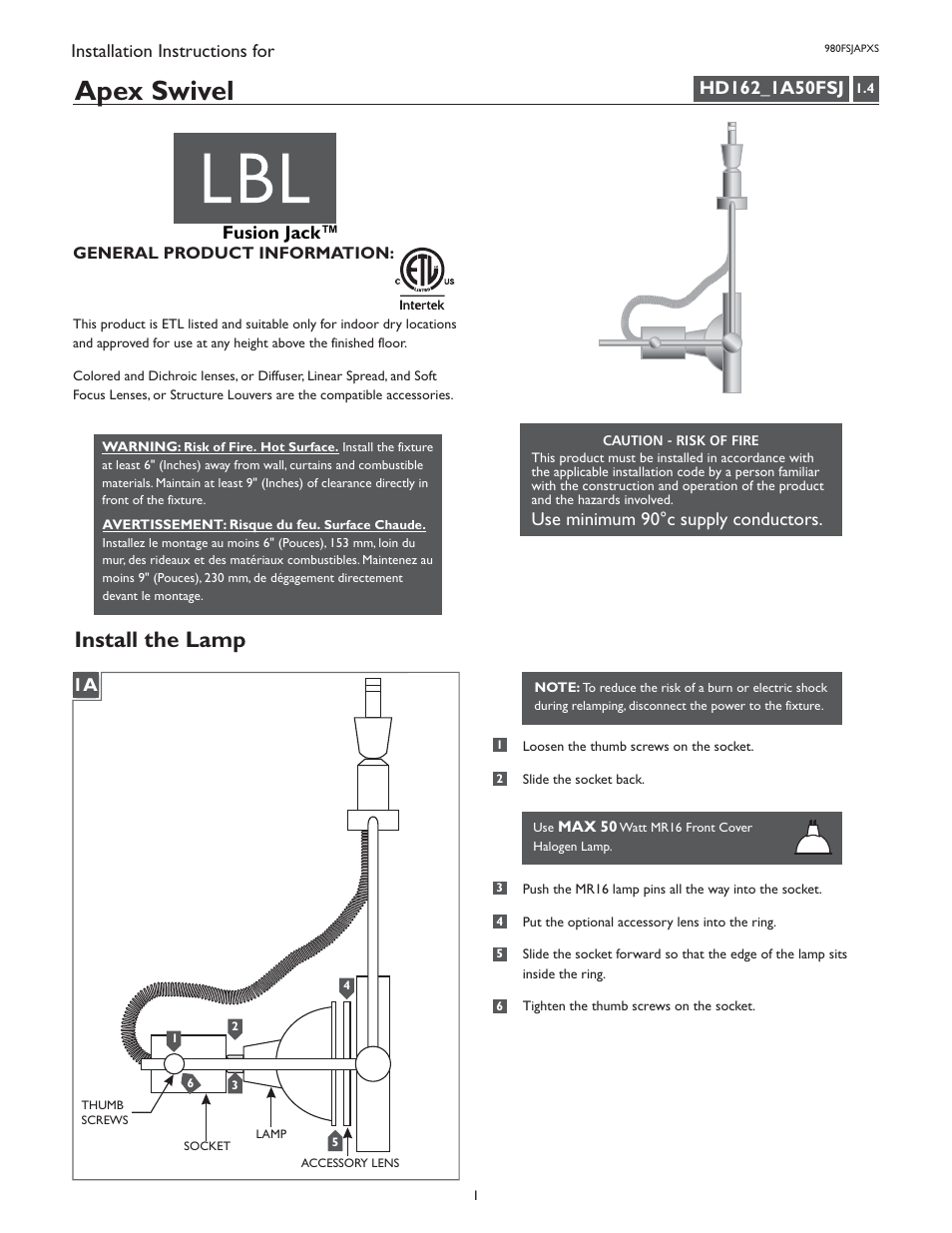 LBL Lighting Apex Swivel User Manual | 2 pages
