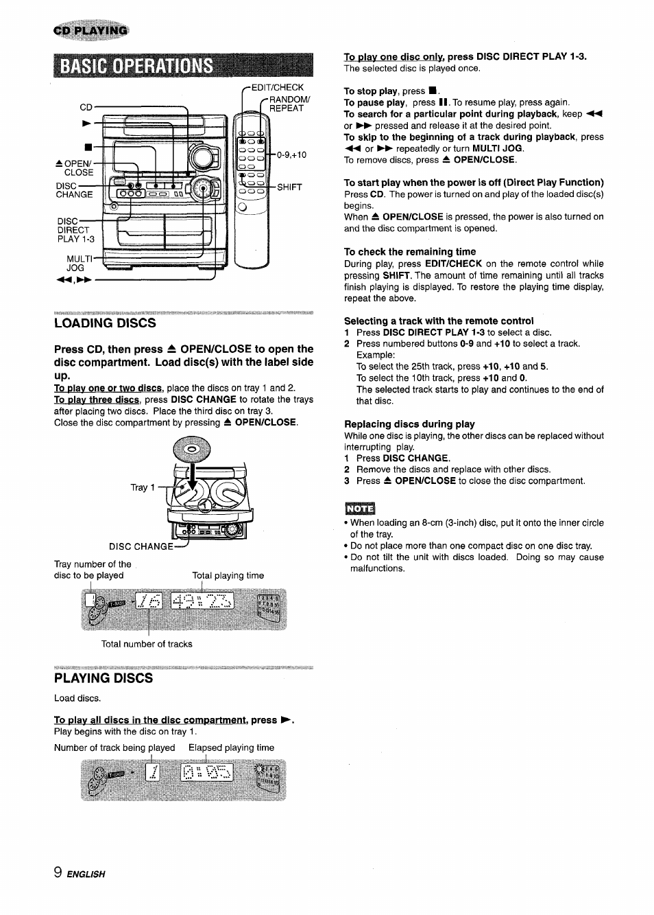 Basic operations, Loading discs, To play one disc only, press disc direct play 1-3 | To check the remaining time, Selecting a track with the remote control, Replacing discs during play, Playing discs, To play all discs in the disc compartment, press | Aiwa CX-NA303 User Manual | Page 10 / 64