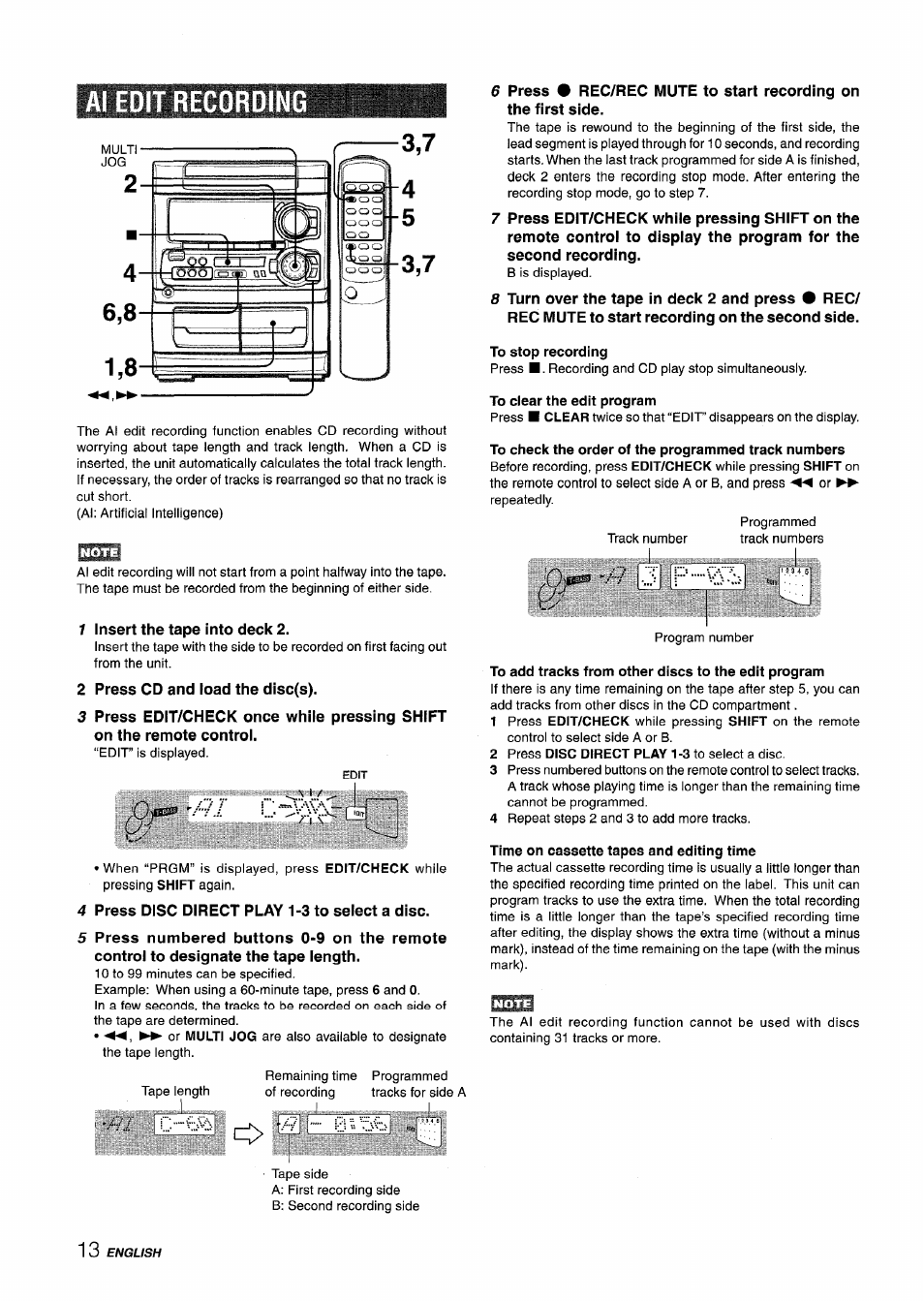 Al edit recording, To stop recording, To clear the edit program | To check the order of the programmed track numbers, To add tracks from other discs to the edit program, Time on cassette tapes and editing time | Aiwa CX-NA303 User Manual | Page 14 / 64