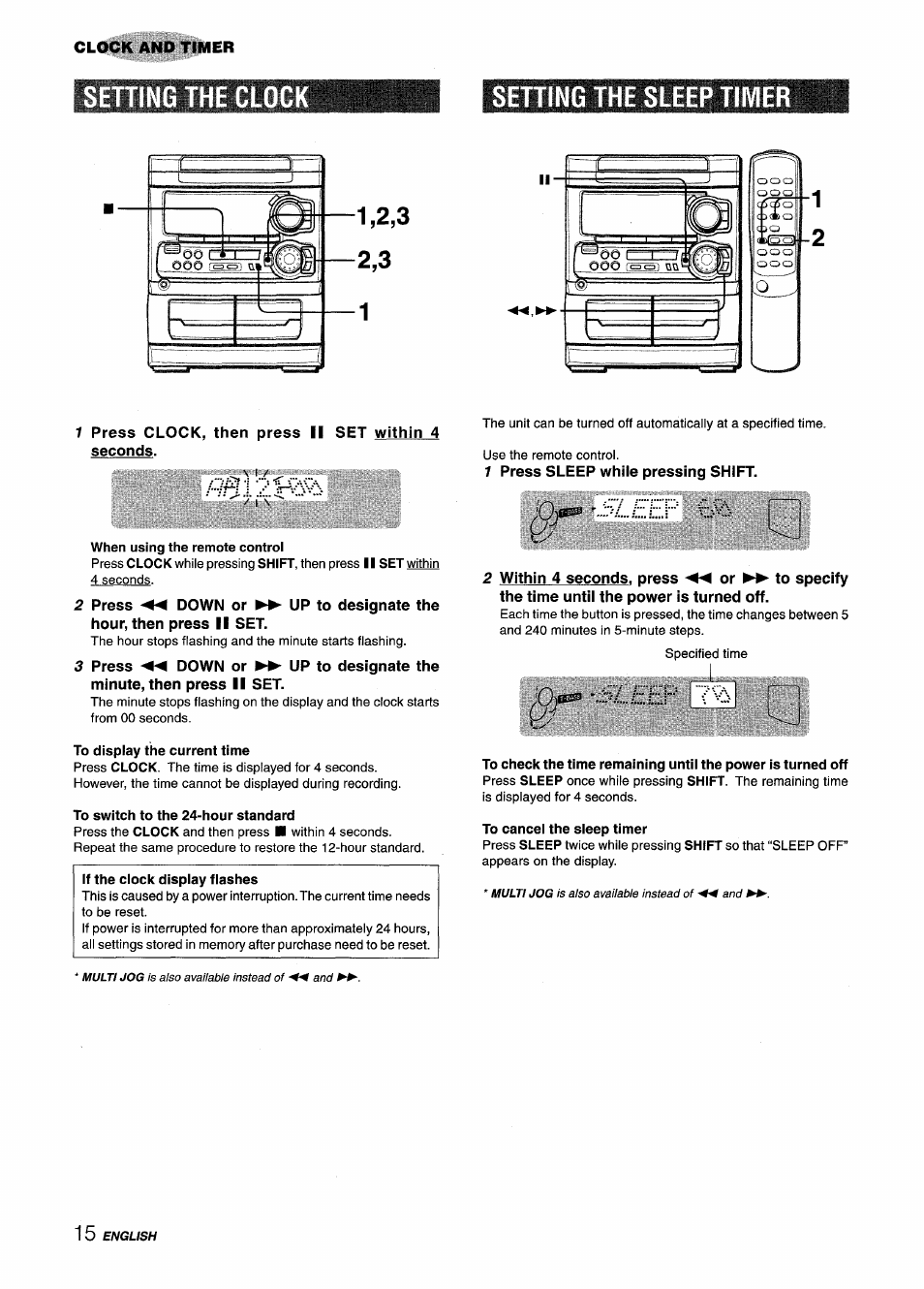 1 press clock, then press ii set within 4 seconds, When using the remote control, To display the current time | To switch to the 24-hour standard, If the clock display flashes, 7 press sleep while pressing shift, To cancel the sleep timer, Setting the clog, Setting the sleep time | Aiwa CX-NA303 User Manual | Page 16 / 64