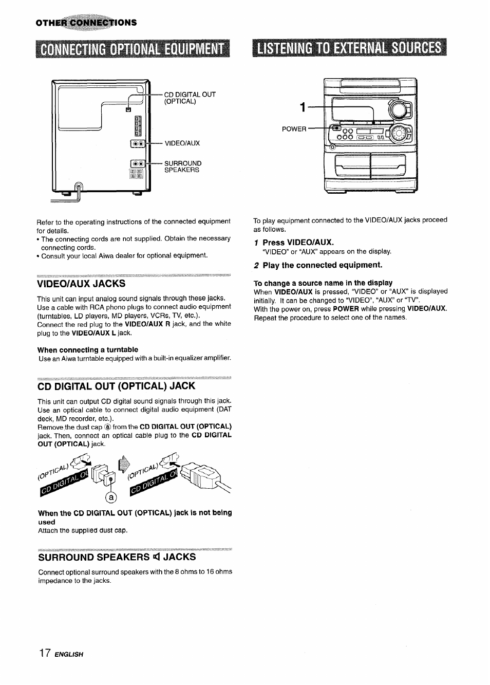 Video/aux jacks, When connecting a turntable, 1 press video/aux | 2 play the connected equipment, To change a source name in the display, Cd digital out (optical) jack, Surround speakers < jacks, Surround speakers, Jacks | Aiwa CX-NA303 User Manual | Page 18 / 64