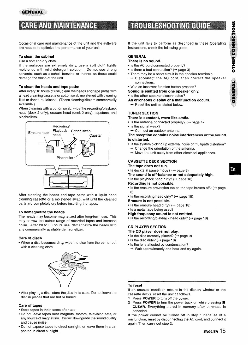 Care and maintenanc, To clean the cabinet, To clean the heads and tape paths | To demagnetize the heads, Care of discs, Care of tapes, General there is no sound, Tuner section, Cassette deck section the tape does not run, Cd player section the cd player does not play | Aiwa CX-NA303 User Manual | Page 19 / 64