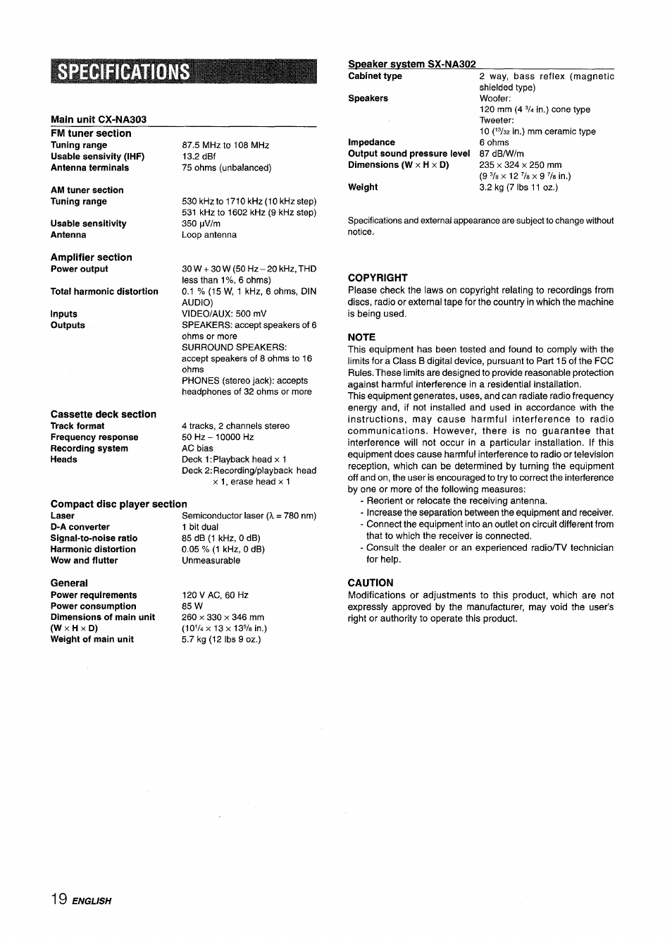 Specification, Speaker system sx-na302, Main unit cx-na303 | Amplifier section, Compact disc player section, General, Copyright, Note, Caution, Specifications | Aiwa CX-NA303 User Manual | Page 20 / 64