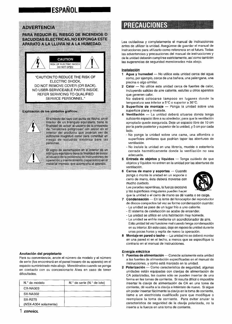 Lespanoli, Advertencia, Caution | Precauciones, Instalación, Anotación del propietario | Aiwa CX-NA303 User Manual | Page 22 / 64