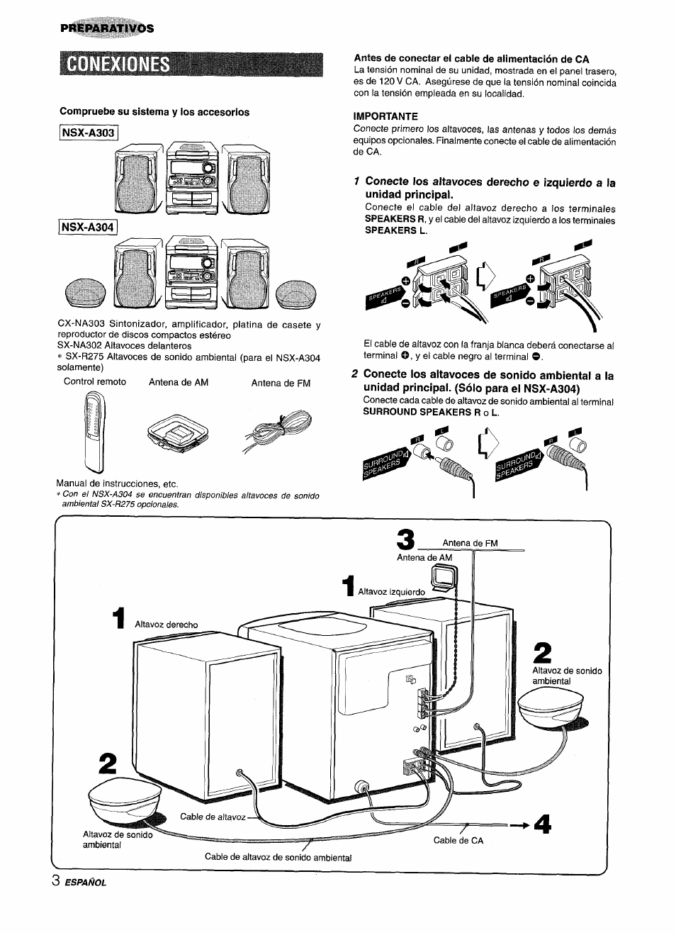 Conexione, Compruebe su sistema y los accesorios, Preparativos | Aiwa CX-NA303 User Manual | Page 24 / 64
