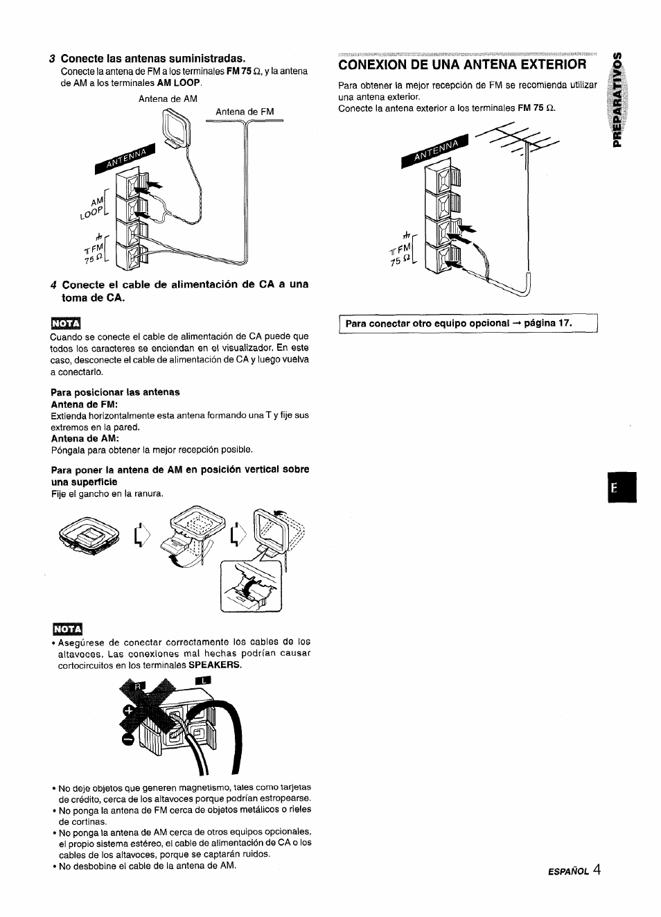 Z conecte las antenas suministradas, Conexion de una antena exterior, Para posicionar las antenas antena de fm | Antena de am | Aiwa CX-NA303 User Manual | Page 25 / 64