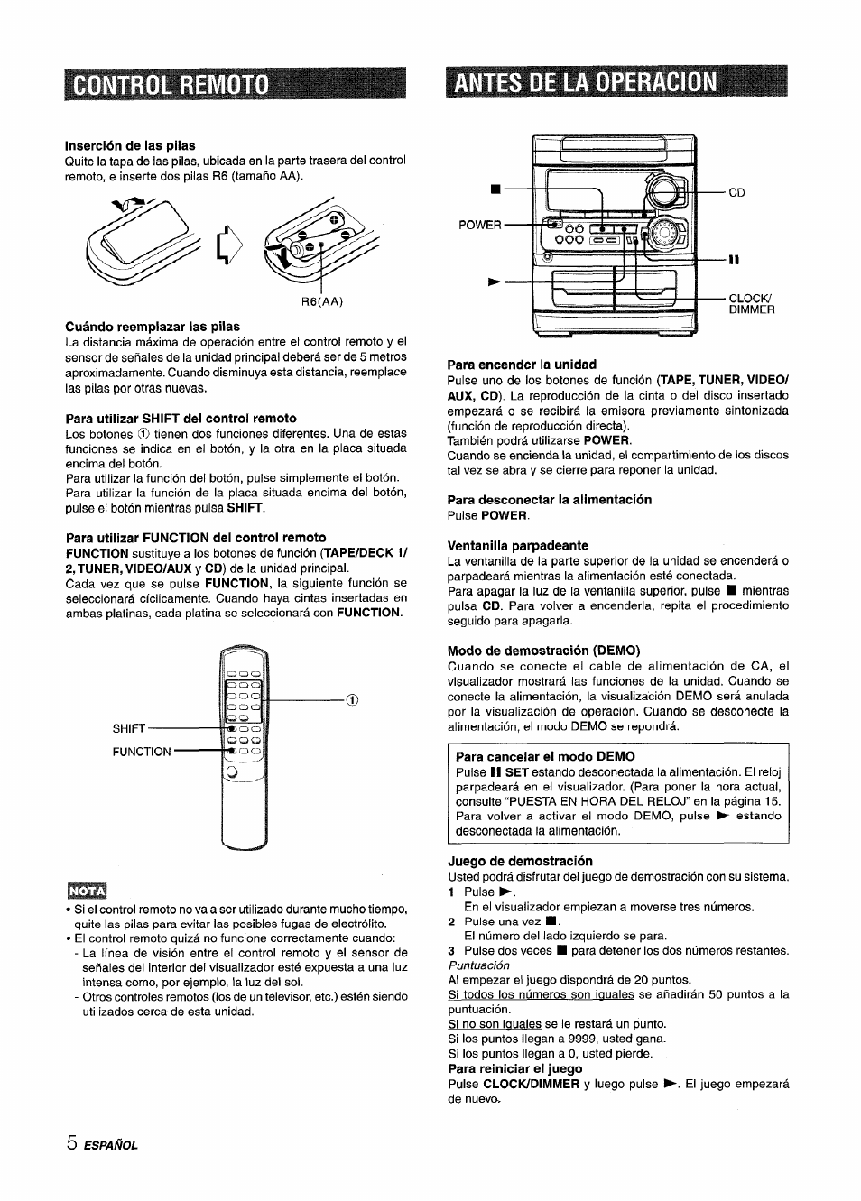 Inserción de las pilas, Cuándo reemplazar las pilas, Para utilizar shift del control remoto | Para encender la unidad, Para desconectar la alimentación pulse power, Ventanilla parpadeante, Modo de demostración (demo), Juego de demostración, Para reiniciar el juego, Control remot | Aiwa CX-NA303 User Manual | Page 26 / 64