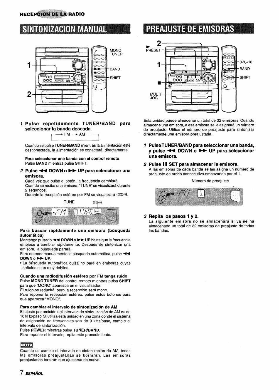 Sintonizacion manual, Preajuste de emisoras, 2 pulse down o up para seleccionar una emisora | Para cambiar el intervalo de sintonización de am, 2 pulse ii set para almacenar la emisora, 3 repita los pasos 1 y 2, L.'r, Sintonizacion manual preajuste de emisoras | Aiwa CX-NA303 User Manual | Page 28 / 64