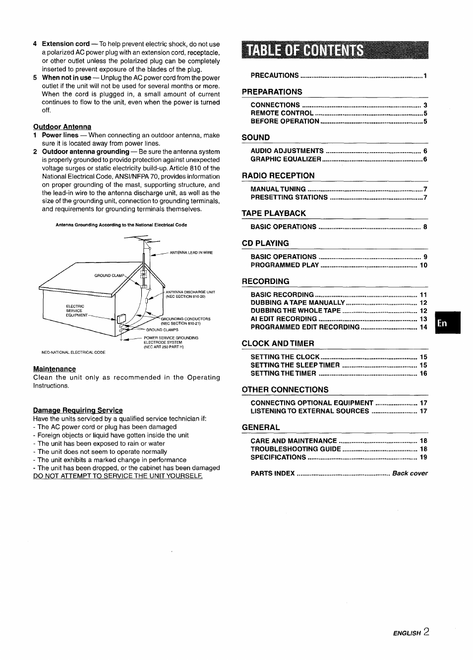 Outdoor antenna, Table of content, Maintenance | Damage requiring service | Aiwa CX-NA303 User Manual | Page 3 / 64