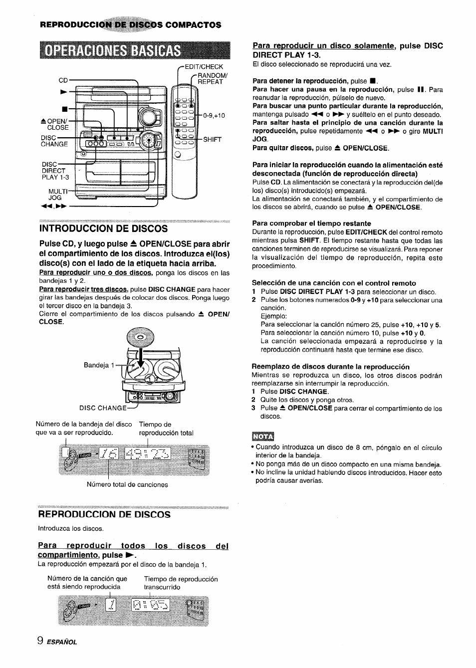 Operaciones basicas, Introduccion de discos, Para detener la reproducción, pulse | Para comprobar el tiempo restante, Selección de una canción con ei controi remoto, Reemplazo de discos durante ia reproducción, 1 pulse disc chance, Reproduccion de discos, Íéftili | Aiwa CX-NA303 User Manual | Page 30 / 64