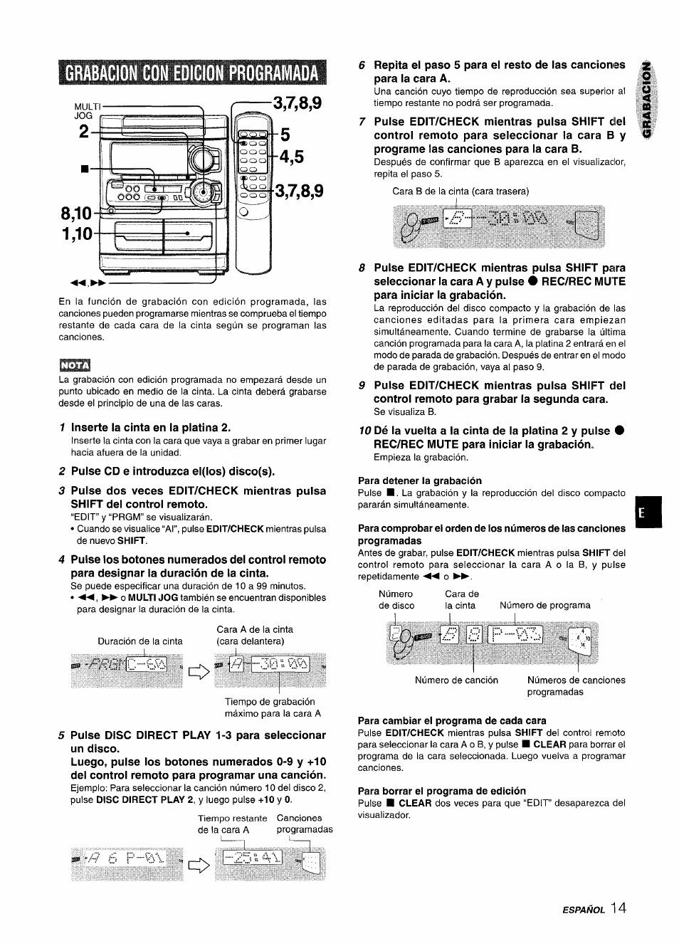 Para detener la grabación, Para borrar el programa de edición, Grabacion con eoicion programada | F/........ :--ir ^ vm | Aiwa CX-NA303 User Manual | Page 35 / 64