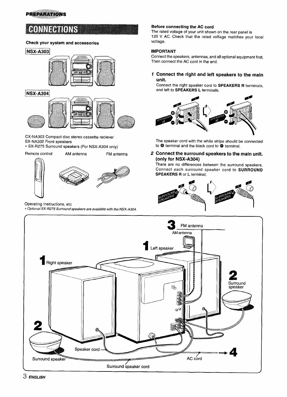 Connection, Nsx-a303, Important | Connections, Preparations | Aiwa CX-NA303 User Manual | Page 4 / 64