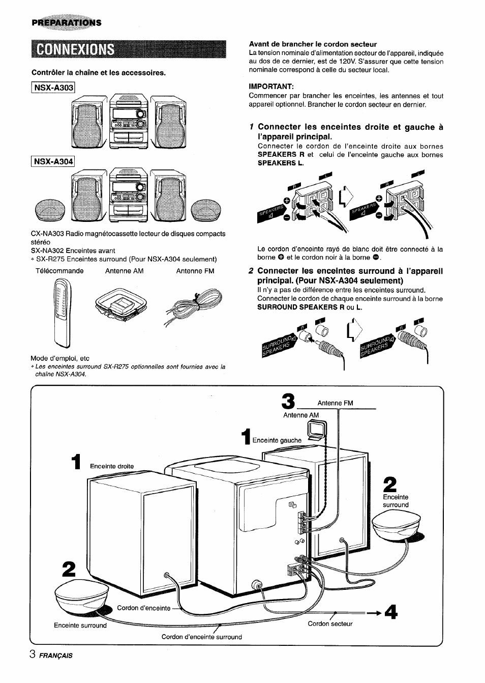 Avant de brancher le cordon secteur, Important, Connexions | Preparations | Aiwa CX-NA303 User Manual | Page 44 / 64