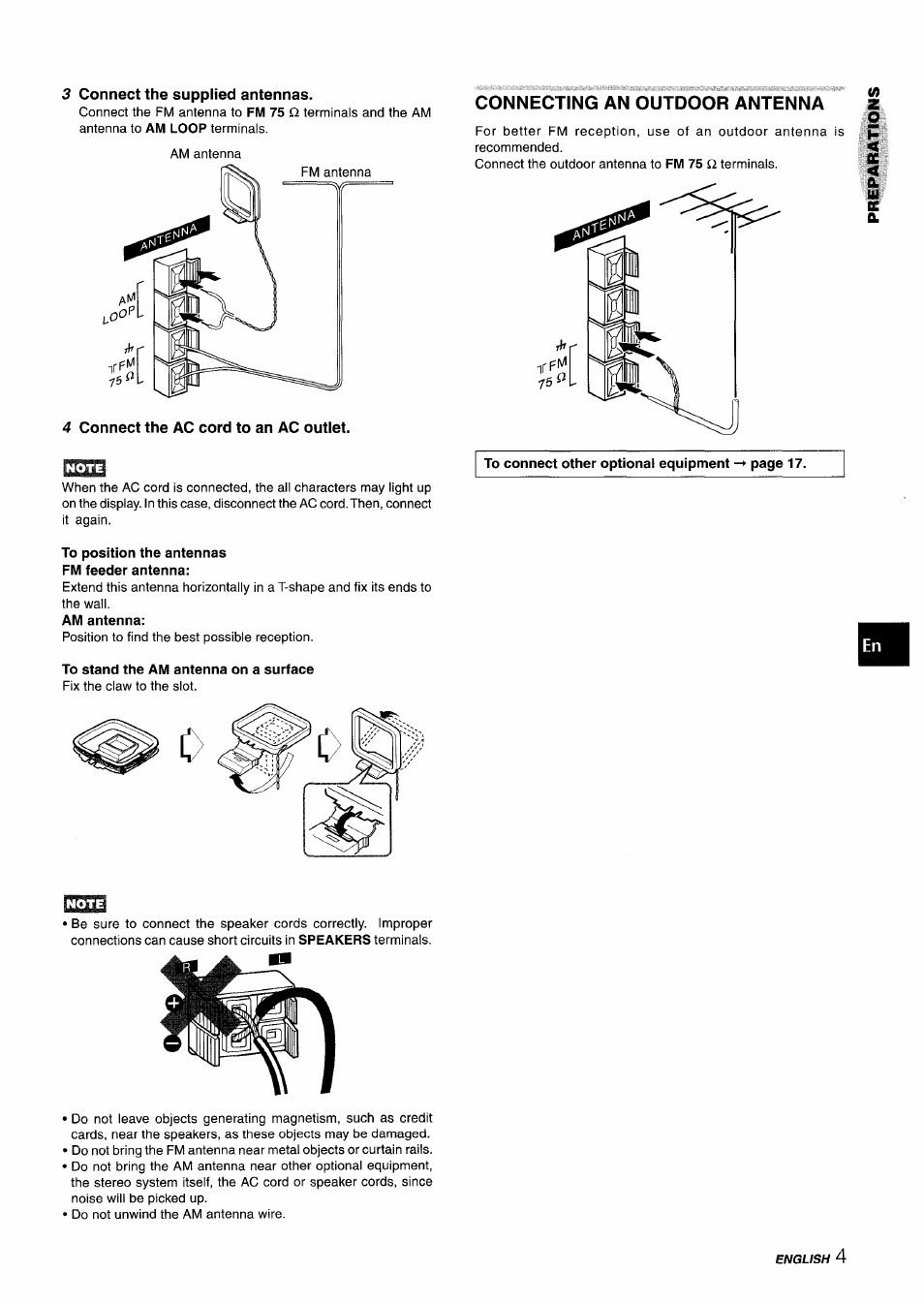 3 connect the supplied antennas, Connecting an outdoor antenna, 4 connect the ac cord to an ac outlet | To position the antennas fm feeder antenna, To stand the am antenna on a surface | Aiwa CX-NA303 User Manual | Page 5 / 64